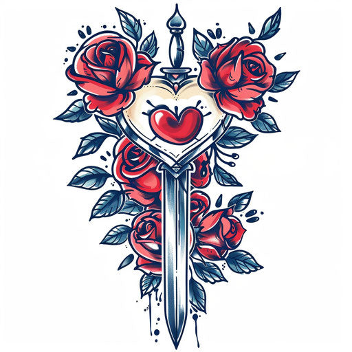 Navy tattoo with heart and dagger surrounded by roses
