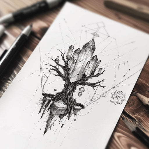 Geometric life tree tattoo sharp angles crystal paper