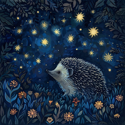 Mystical hedgehog under a starry sky
