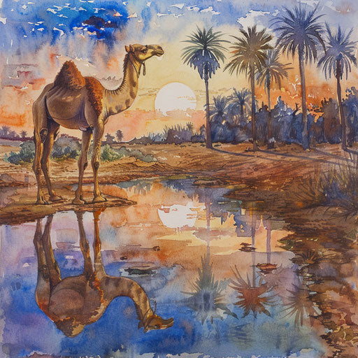 Camel reflection in an oasis at sunset