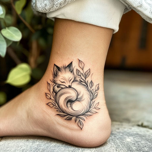 Ankle tattoos for women with a small fox curled up in leaves