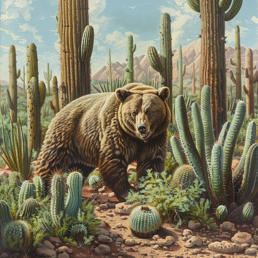 Brown bear in maze of cacti in desert