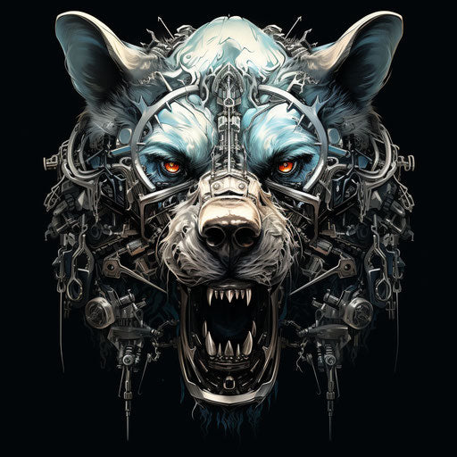 Bear with metal skull and wolf tattoo, digital painting style