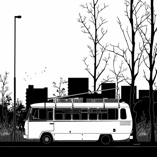 Minimalist black and white bus scene