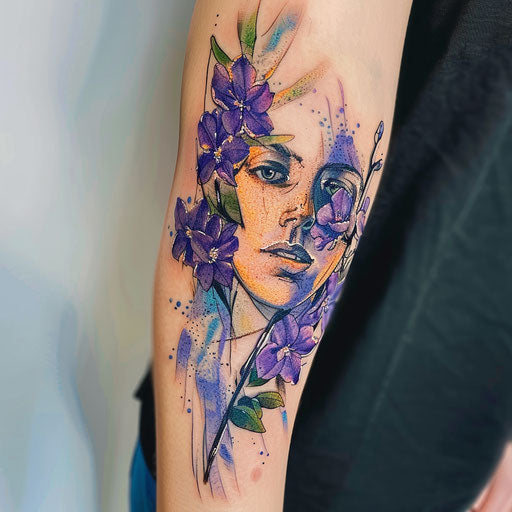 Expressionist lilac tattoo with bold color splashes and emotional depth