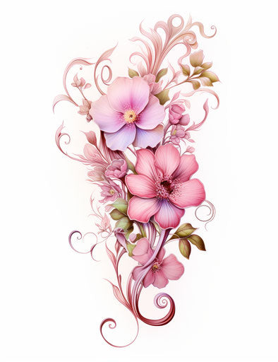 Pink floral tattoo drawing with curly vines