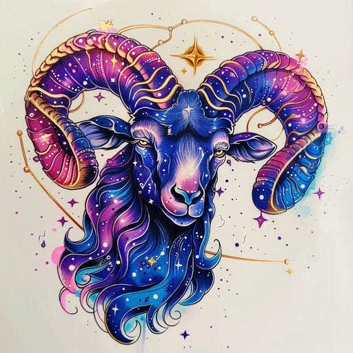 Sketch of vibrant Aries constellation tattoo with cosmic hues and celestial motifs