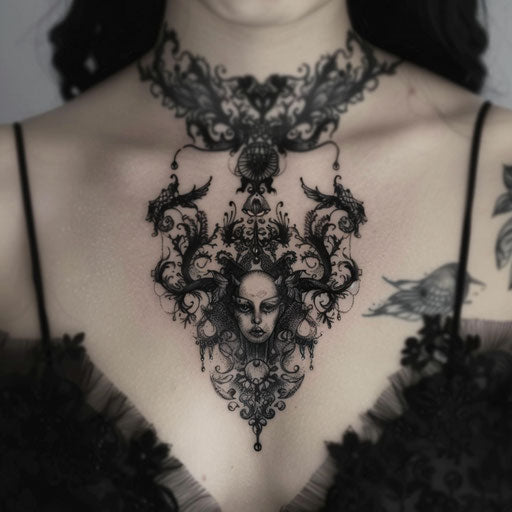 Dark and mysterious chest tattoo for women