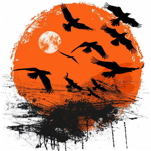 Birds flying at sunset, naturalistic tattoo sketch