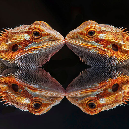A bearded dragon side by side with its reflection, exploring themes of identity and self-perception.