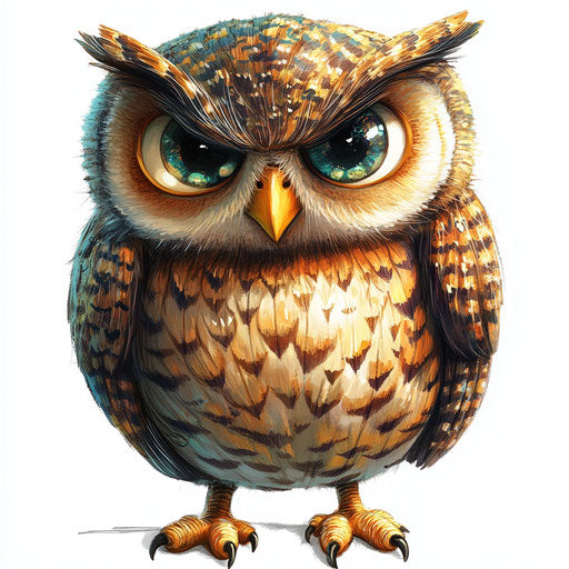 Humorous caricature of a cute owl with human characteristics, ex big nose, striped, vibrant colors, cartoon style, frowning –c 40