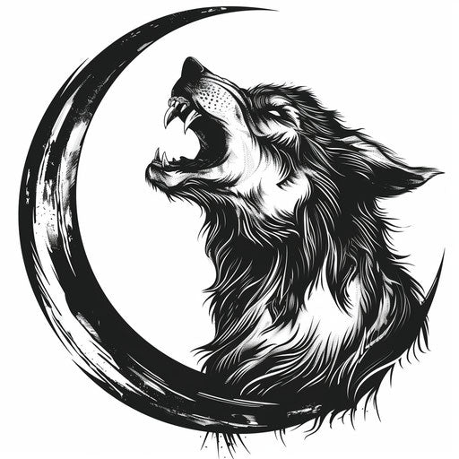 Flat tattoo sketch of a howling werewolf under a crescent moon
