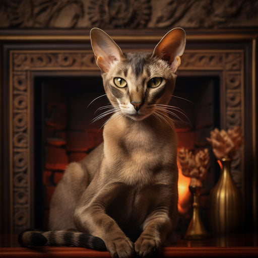 Oriental shorthair cat by a fireplace