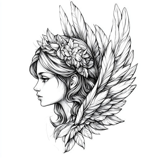 Sketch of angel neck tattoo with realistic wings