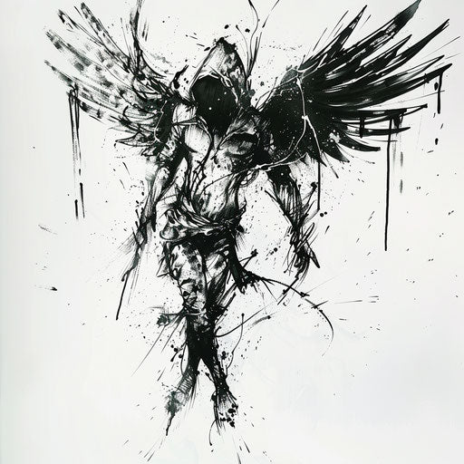 Expressive tattoo sketch of the angel of death in dynamic pose