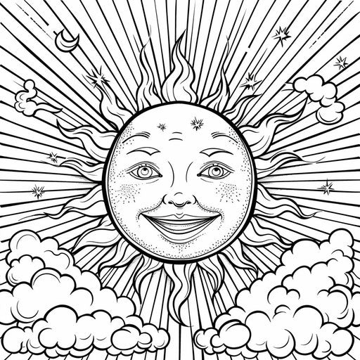 A smiling sun with rays and a few fluffy clouds