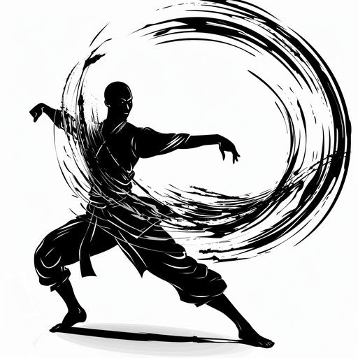 Silhouette of martial artist doing Tai Chi, fluid black lines tattoo design on white background