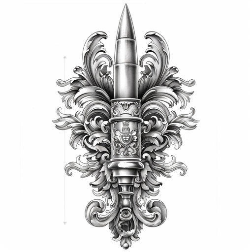 Flat tattoo sketch of bullet with baroque engravings