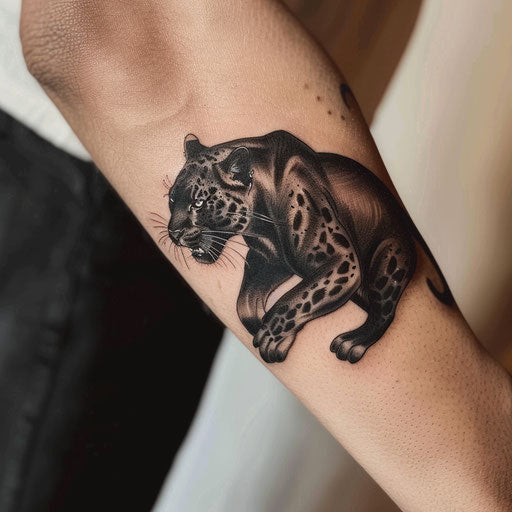 Classic black and grey panther tattoo on white background