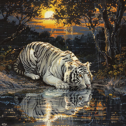 The elusive white tiger captured at dusk, drinking from a tranquil river in its pristine habitat