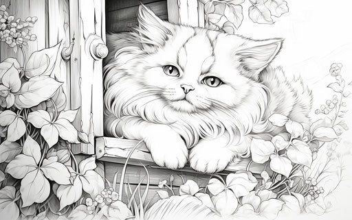 Cute cat in a house coloring page