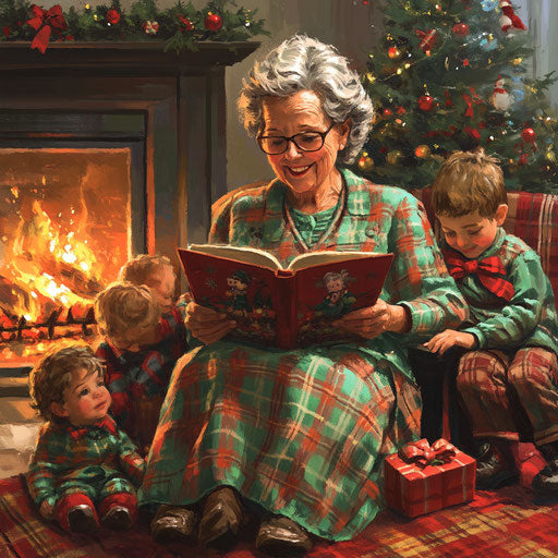Reading a Christmas story by the fireplace