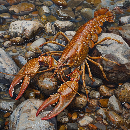 Crayfish on a rocky riverbed