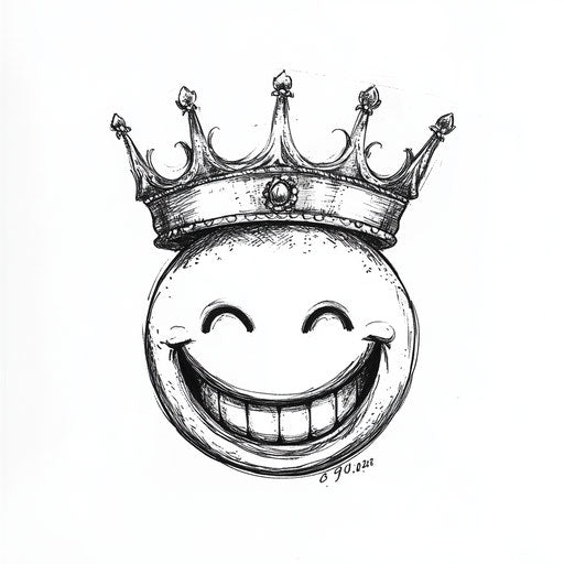 Flat tattoo sketch of smiley face with crown