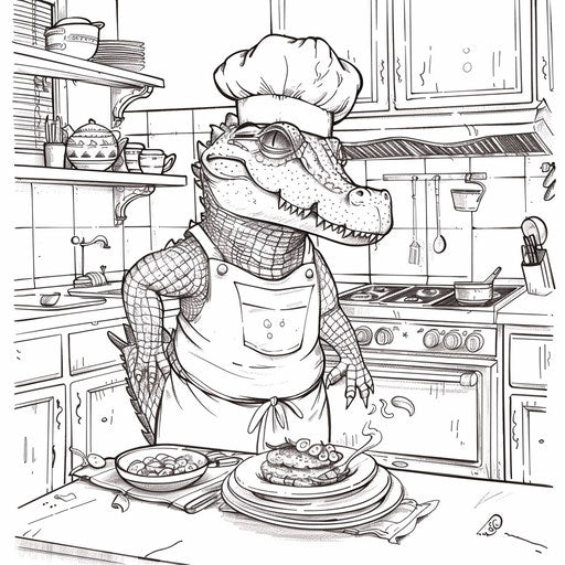 A crocodile chef cooks a meal in the kitchen