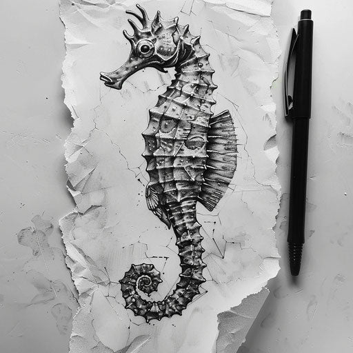 Hyper-realistic seahorse tattoo sketch in black and grey with detailed shading and texture