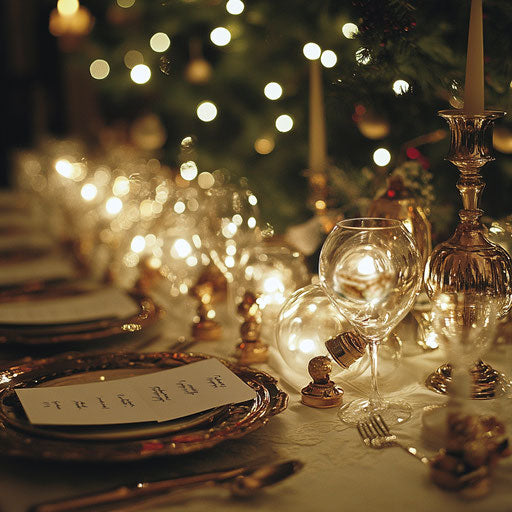 Elegant dinner table setting with miniature Christmas bulbs as placeholders