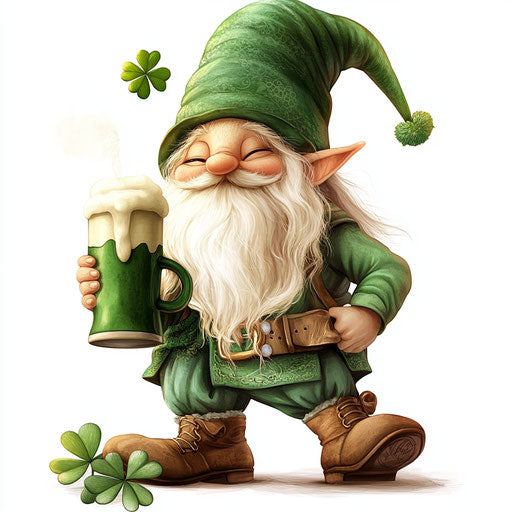 St. Patrick's Day, cute gnome with big hat and green beer, clover leaf