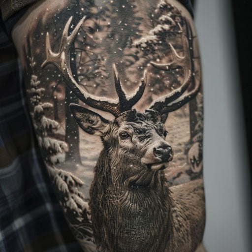 Realistic majestic deer tattoo on snowy white background