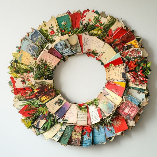 Vintage Christmas cards wreath displaying messages of seasons past