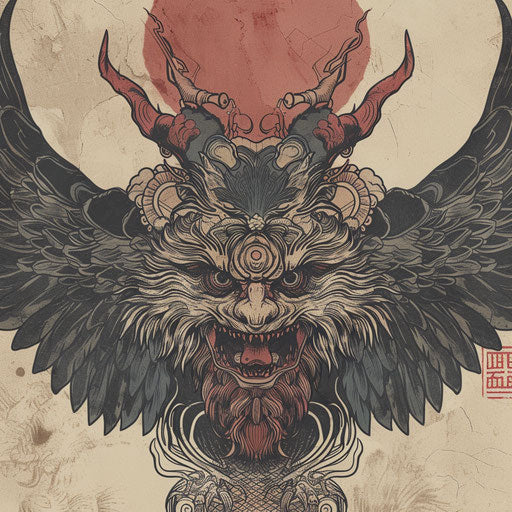 Vintage tattoo sketch of a Tengu with a retro feel and muted color palette