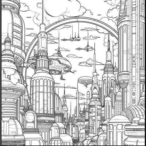 Futuristic city with high-rise buildings and hovercrafts