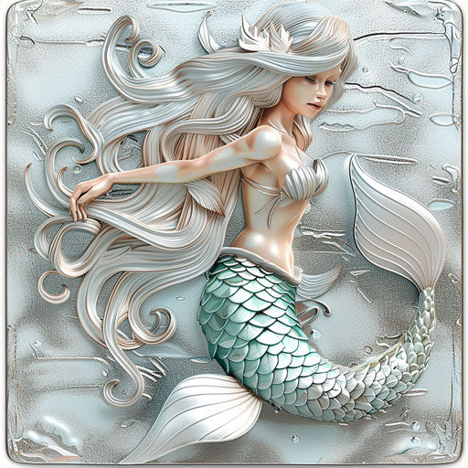 Realistic mermaid on flat metallic silver background
