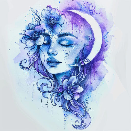 Ethereal tattoo sketch of Aphrodite with soft watercolor washes in celestial blues and purples