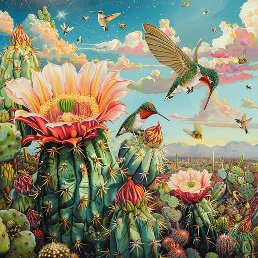 Blooming cactus surrounded by bees and hummingbirds in desert oasis