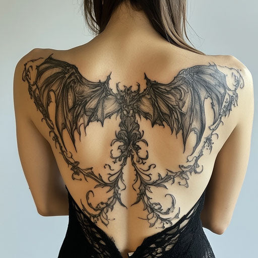 Female back tattoo in the style of Gerald Brom with dark wings
