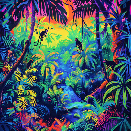 Monkeys swinging in a lush, colorful jungle