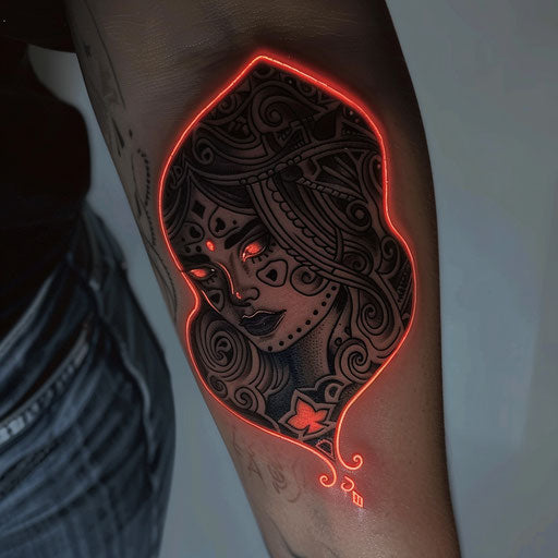 Neon Queen of Spades Tattoo on White Background