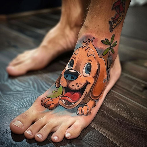 Foot tattoos in the style of Steve Sack featuring funny animals