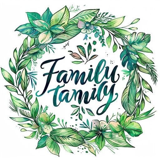 Lush green wreath around the word "Family"