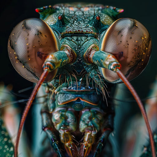 Mantis shrimp portrait with detailed textures and intense gaze