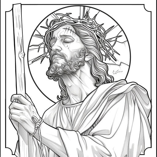 Jesus holding a cross, coloring book page