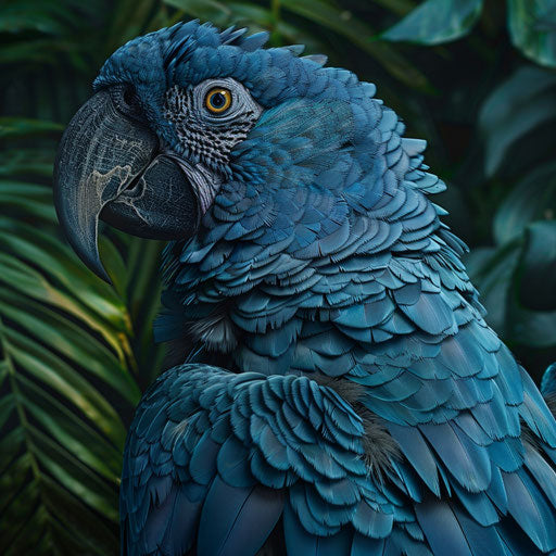 Feather details and intense gaze of a Spix's macaw in foliage
