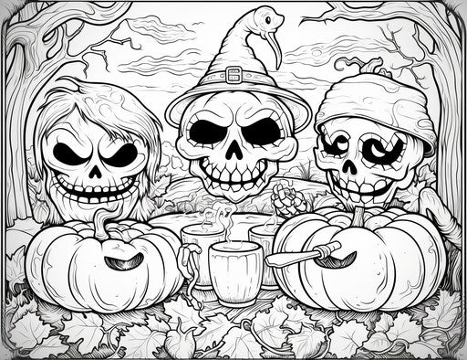 Three people drinking cider with pumpkin coloring pages, in the style of hellish background, whimsical ceramics, ilford pan f, evocative 31:24
