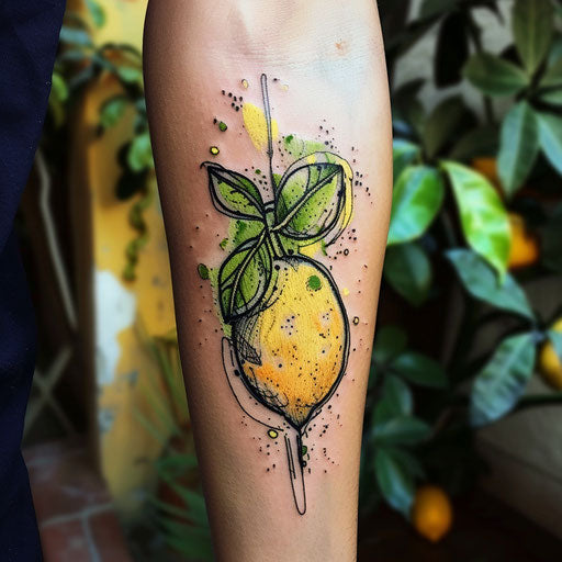 Dynamic sketch of a flat lemon with watercolor splashes