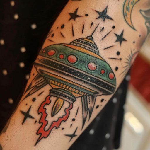 Nostalgic tattoo sketch of a retro UFO near Earth in classic green and black